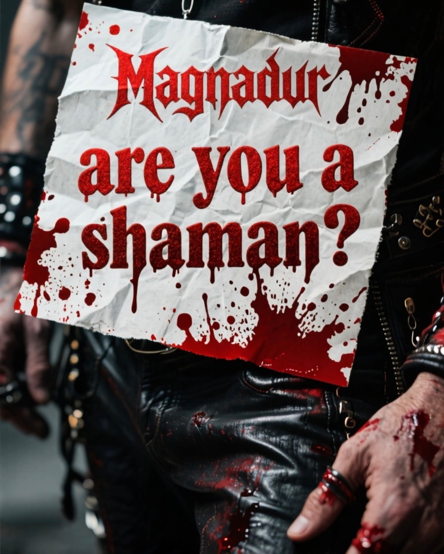 Blood-splattered Magnadur poster reading 'are you a shaman?'
